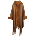 Brauner gestreifter Strickponcho mit Pelzbesatz und langen Quasten für kalte Tage - Einheitsgröße / Khaki