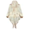 Knitted rainbow striped shawl for women with beige faux fur collar and fringe hem - One Size / Apricot