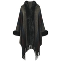 Damen Kapuzenponcho mit bunten Regenbogenstreifen, schwarzem Kunstpelz und Fransenbesatz - Einheitsgröße / Schwarz