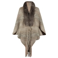 Striped knit shawl with grey faux fur collar and tassels in beige pink mix - One Size / Coffee