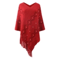 Roter Strickponcho mit Wellenmuster, Kunstperlen und langen Fransen am Saum - Buchstabe F / Rot