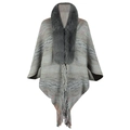 Grey rainbow striped knit poncho for women with faux fur collar and fringe hem detailing - One Size / Gray