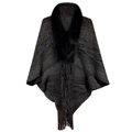 Poncho tricoté gris foncé pour femme avec col en fausse fourrure noire et franges - Taille unique / Noir