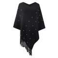 Eleganter schwarzer Strickponcho mit weißen Perlen und stilvollem Fransenbesatz am Saum - Buchstabe F / Schwarz