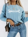 Jersey de punto trenzado azul claro para mujer con bordado Special y cuello redondo - S / Azul