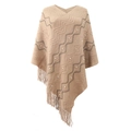 Knitted poncho with zigzag pattern, pearl beads, and tassels in light camel color - Letter F / Khaki