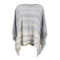 Grey and white striped knit poncho for women featuring elegant fringe trim and boat neck - Letter F / Apricot