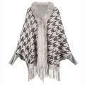 Poncho para mujer con estampado de estrellas taupe y blanco, pelo sintético y flecos - Letra F / Albaricoque