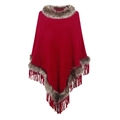 Women's knit poncho sweater in dark red with faux fur trim and tassel fringe details - Letter F / Red