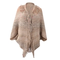Space-dye knit poncho cardigan in beige and pink with fringe hem details - Letter F / Khaki
