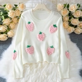 White knit sweater featuring sweet 3D strawberry appliques and ribbed cuffs - L / Off-white