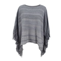 Women's grey knit poncho with horizontal stripes and long fringe tassel detailing - Letter F / Gray