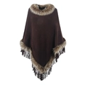 Women's dark brown knit poncho wrap with faux fur trim collar and fringe hem - Letter F / Coffee