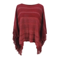 Deep red knitted poncho for women featuring grey stripes and decorative fringe hem - Letter F / Burgundy