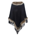 Women's black knit poncho with luxurious brown faux fur trim and fringe hemline - Letter F / Black