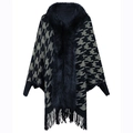Poncho de punto para mujer con patrón de estrellas, cuello de piel y flecos abajo - Letra F / Azul Marino