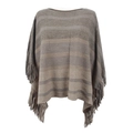 Women's knit poncho featuring light brown horizontal stripes and fringed hem design - Letter F / Khaki
