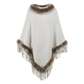 Women's cream knit poncho with faux fur trim and tassel fringe in a bohemian style - Letter F / Apricot