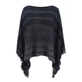 Women's knitted poncho featuring black and dark grey horizontal stripes with long fringes - Letter F / Black