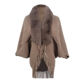 Brown knitted poncho with thick faux fur collar and long fringe tassels for women - Letter F / Khaki