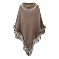 Brown knit poncho for women featuring faux fur collar and long tassel hemline - Letter F / Dark Khaki