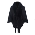 Elegant black knit poncho featuring a plush faux fur collar and fringe tassels - Letter F / Black