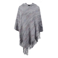 Grey hooded poncho with colorful stripes, asymmetric hem and long tassels for women - Letter F / Gray