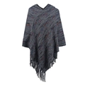 Women's knit hooded poncho in dark grey with colorful stripes and fringe details - Letter F / Black