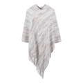 Women's hooded knit poncho featuring colorful stripes and fringe hem in cream white - Letter F / Apricot