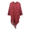 Women's hooded striped poncho with tassels in dark red heather knit finish - Letter F / Burgundy