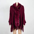 Women's wine red knit poncho with luxurious faux fur collar and fringed hemline - One Size / Red