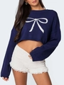Gebreide donkerblauwe cropped trui met wit strikmotief en lange mouwen - S / Marineblauw