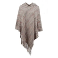 Beige hooded knit poncho featuring colorful stripes and long fringe tassels for women - Letter F / Khaki