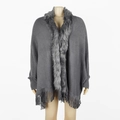 Gray knitted poncho cape with elegant faux fur collar and long fringe hem detail - One Size / Gray