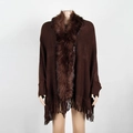Dark brown knit poncho cape with elegant faux fur collar and long fringe tassel hem - One Size / Coffee