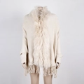Elegant beige knit shawl with large faux fur collar and long fringe hem for autumn - One Size / Apricot