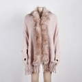 Pink knitted poncho shawl with faux fur collar and fringe tassels for women - One Size / Lotus Pink