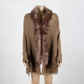 Brown knit poncho sweater with elegant faux fur collar and fringe tassels for winter wear - One Size / Khaki