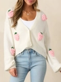 Cárdigan elegante de punto crema con fresas en 3D y botones para mujer - S / Blanco Roto