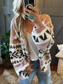 Loose oversized knit cardigan with ethnic geometric jacquard pattern and drop shoulders - S / Pink Multicolor