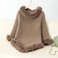 Brown knit poncho sweater with faux fur trim on collar and hem, macro texture detail - Letter F / Khaki