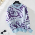 Light blue Y2K knit sweater featuring purple and white abstract wavy patterns - S / Blue