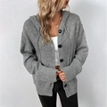 Chic grey knit hooded cardigan featuring black buttons and adjustable drawstrings - S / Gray