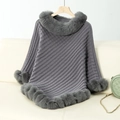 Close-up of thick grey knit shawl with plush fur trim on collar and cuffs for winter - Letter F / Gray