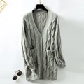 Grey chunky cable-knit cardigan for women with V-neckline and classic front pockets - S / Gray