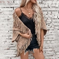 Chal de punto para mujer en marrón claro con patrón de cuadros y flecos largos boho - Letra F / Caqui