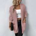 Women's long open-front knit cardigan in dusty rose pink with pockets and waffle texture - S / Tops / Lotus root pink