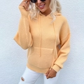Women's yellow knitted hoodie with kangaroo pocket and ribbed texture in solid ginger hue - S / Camel
