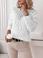 Elegant white long sleeve hollow knit sweater with geometric crochet patterns for women - S / White