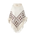 Strickponcho in Beige mit Schneeflockenmuster, Webpelzkragen und Fransensaum - Buchstabe F / Cremeweiß